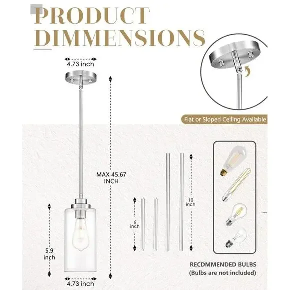 Pendant Light Fixture Brushed Nickel Clear Glass, Kitchen Dining Room Bedroom - Picture 5 of 7